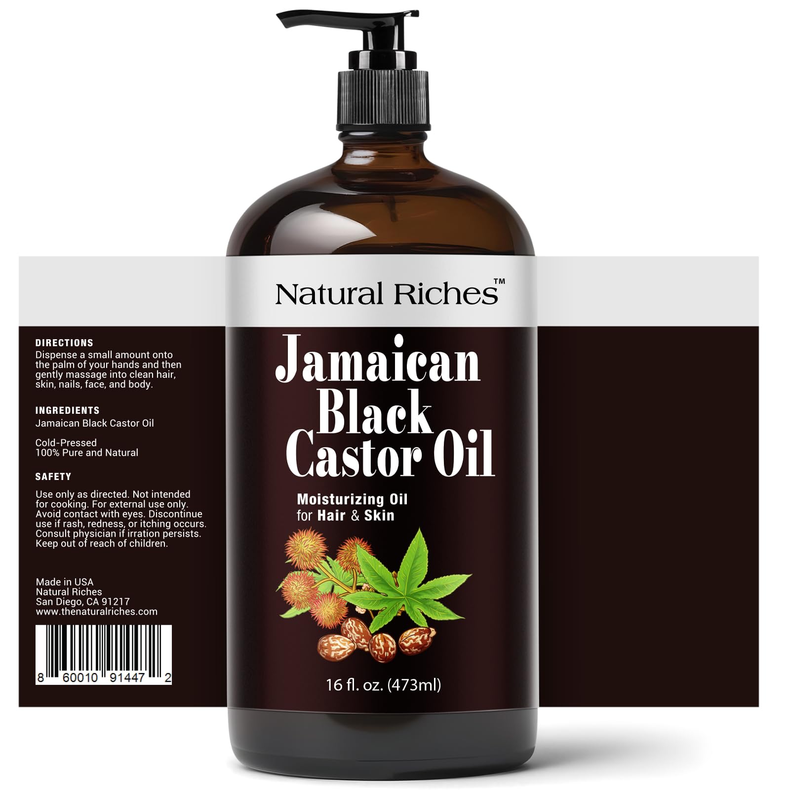 Natural Riches Jamaican Black Castor Oil Glass Bottle Pure Organic Cold Pressed for Hair Growth Skin Care for Dry Skin Conditioning Eyebrows Eyelashes Scalp and Nail Moisturizes & Repairs 16fl.oz.